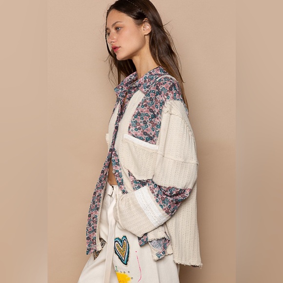 POL Floral Lace Patch Round Neck Double Gauze Top